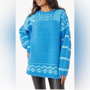 Free People Snow Day Pullover Oversized Size Small Wool Blend Sweater Blue Boho